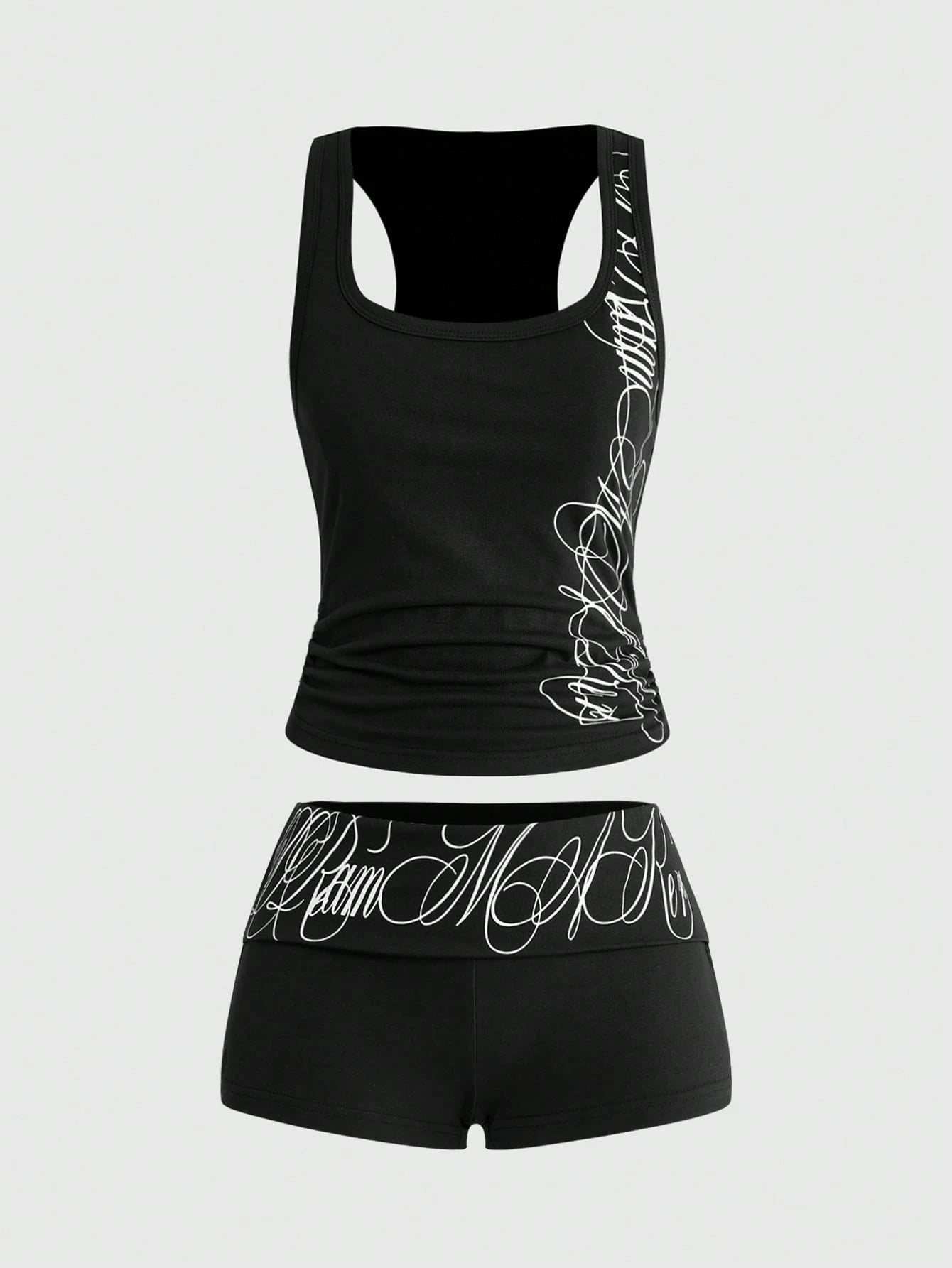 ROMWE Grunge Punk 2pcs/Set Punk Cross Slogan Crop Top & Super Low-Rise Mini Shorts, Music Festival Outfit