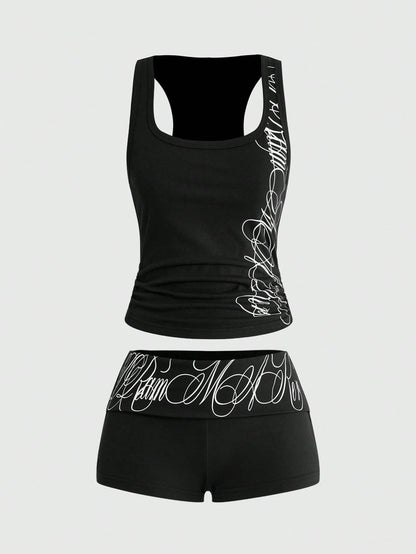 ROMWE Grunge Punk 2pcs/Set Punk Cross Slogan Crop Top & Super Low-Rise Mini Shorts, Music Festival Outfit