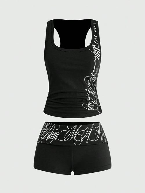 ROMWE Grunge Punk 2pcs/Set Punk Cross Slogan Crop Top & Super Low-Rise Mini Shorts, Music Festival Outfit