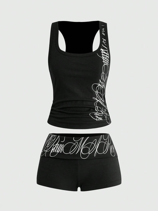 ROMWE Grunge Punk 2pcs/Set Punk Cross Slogan Crop Top & Super Low-Rise Mini Shorts, Music Festival Outfit