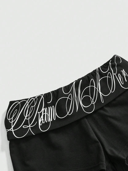 ROMWE Grunge Punk 2pcs/Set Punk Cross Slogan Crop Top & Super Low-Rise Mini Shorts, Music Festival Outfit