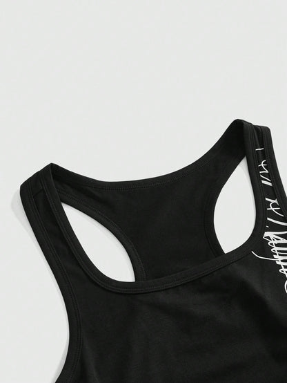 ROMWE Grunge Punk 2pcs/Set Punk Cross Slogan Crop Top & Super Low-Rise Mini Shorts, Music Festival Outfit