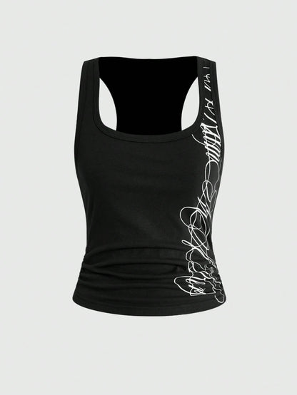 ROMWE Grunge Punk 2pcs/Set Punk Cross Slogan Crop Top & Super Low-Rise Mini Shorts, Music Festival Outfit