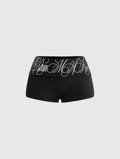 ROMWE Grunge Punk 2pcs/Set Punk Cross Slogan Crop Top & Super Low-Rise Mini Shorts, Music Festival Outfit