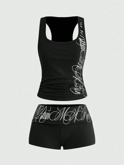ROMWE Grunge Punk 2pcs/Set Punk Cross Slogan Crop Top & Super Low-Rise Mini Shorts, Music Festival Outfit