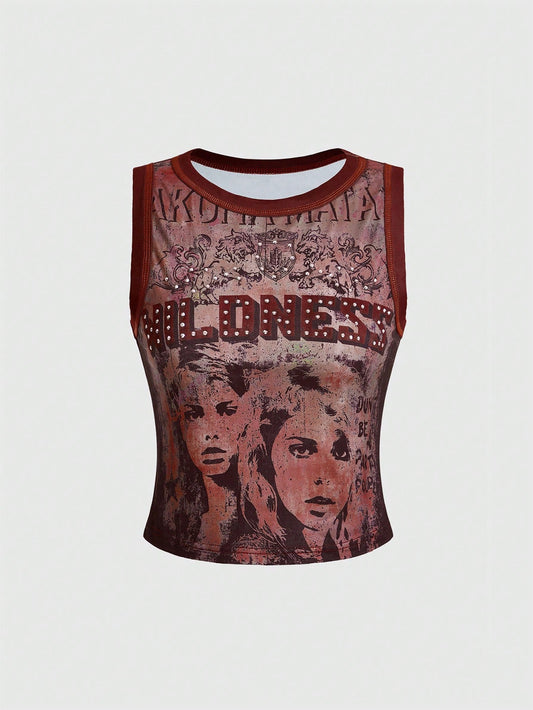 ROMWE Grunge Punk Women's Kpop Y2K Letter & Figure Print Crew Neck Fashionable Camisole