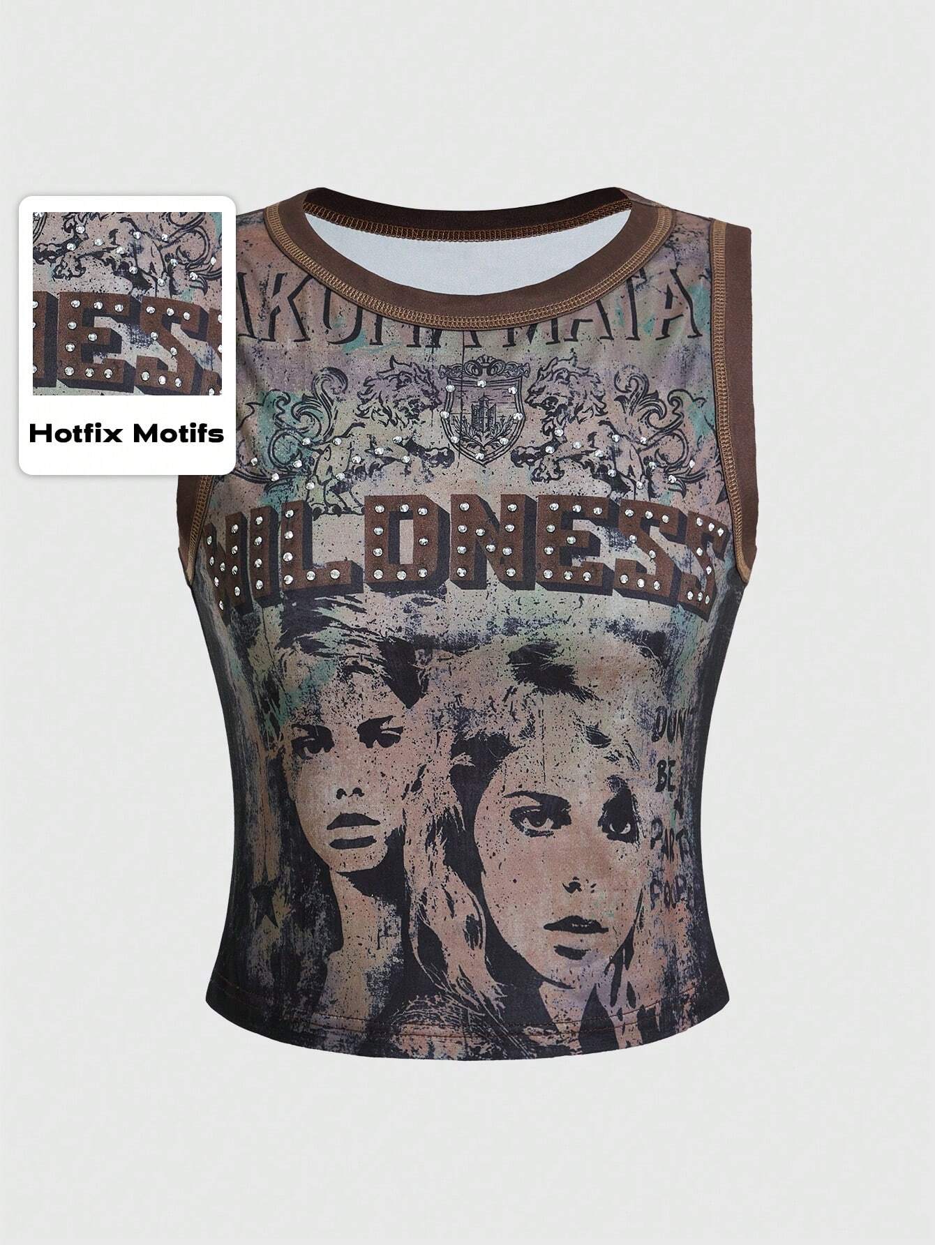 ROMWE Grunge Punk Women's Kpop Y2K Letter & Figure Print Crew Neck Fashionable Camisole