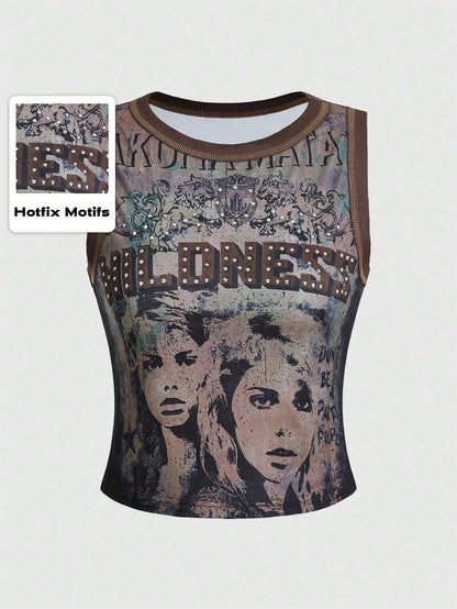 ROMWE Grunge Punk Women's Kpop Y2K Letter & Figure Print Crew Neck Fashionable Camisole
