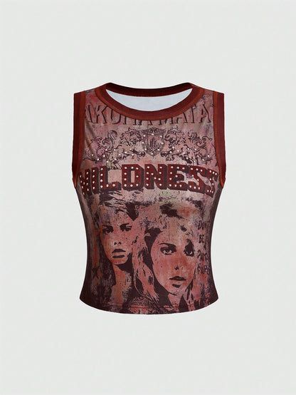 ROMWE Grunge Punk Women's Kpop Y2K Letter & Figure Print Crew Neck Fashionable Camisole