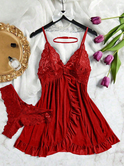 ROMWE Kawaii 3pcs/Set Women Sexy Deep V Lace Lotus Lingerie Set, Versatile Sexy Sleepwear For Bedroom, Bathroom, Party