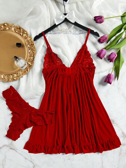ROMWE Kawaii 3pcs/Set Women Sexy Deep V Lace Lotus Lingerie Set, Versatile Sexy Sleepwear For Bedroom, Bathroom, Party