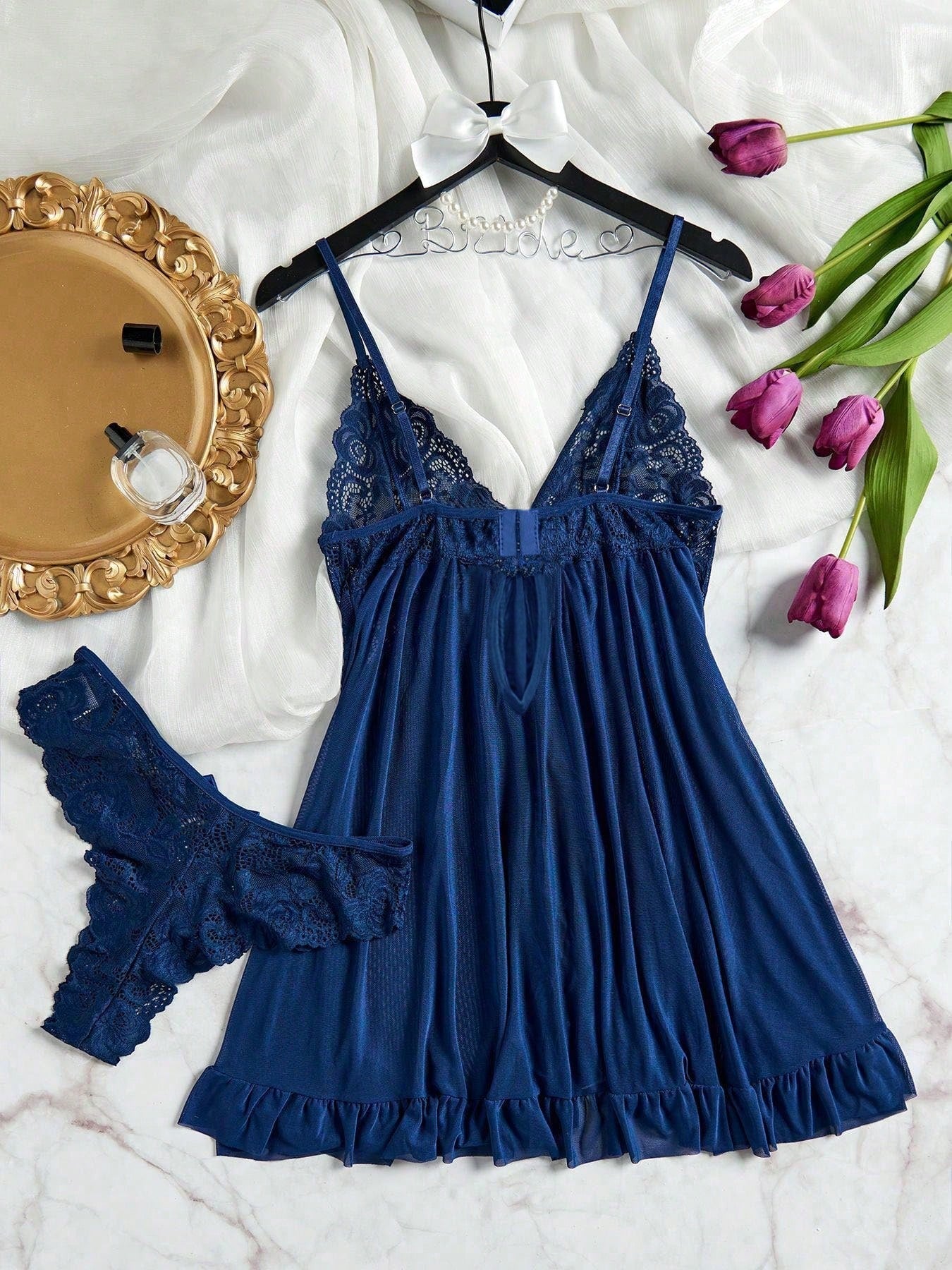 ROMWE Kawaii 3pcs/Set Women Sexy Deep V Lace Lotus Lingerie Set, Versatile Sexy Sleepwear For Bedroom, Bathroom, Party