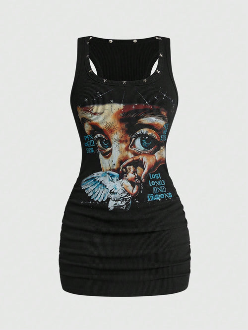 ROMWE Street Life Women's Retro Baddie Unisex Streetwear Angel Face Print Pentagram Studded Bodycon Mini Dress