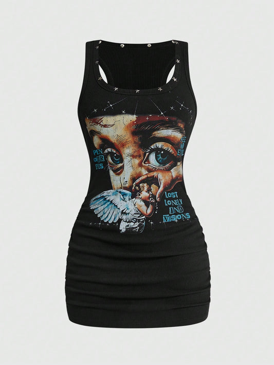 ROMWE Street Life Women's Retro Baddie Unisex Streetwear Angel Face Print Pentagram Studded Bodycon Mini Dress