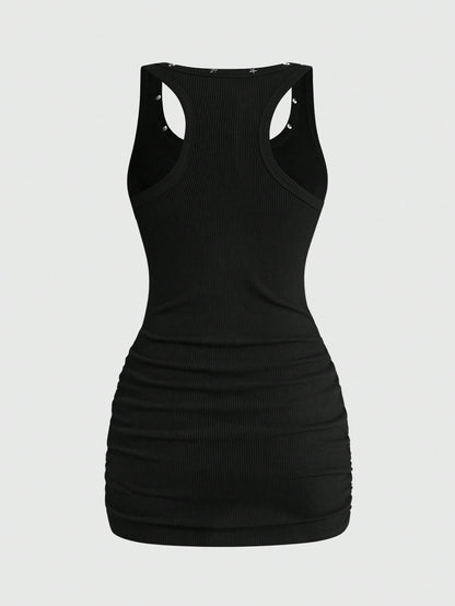 ROMWE Street Life Women's Retro Baddie Unisex Streetwear Angel Face Print Pentagram Studded Bodycon Mini Dress