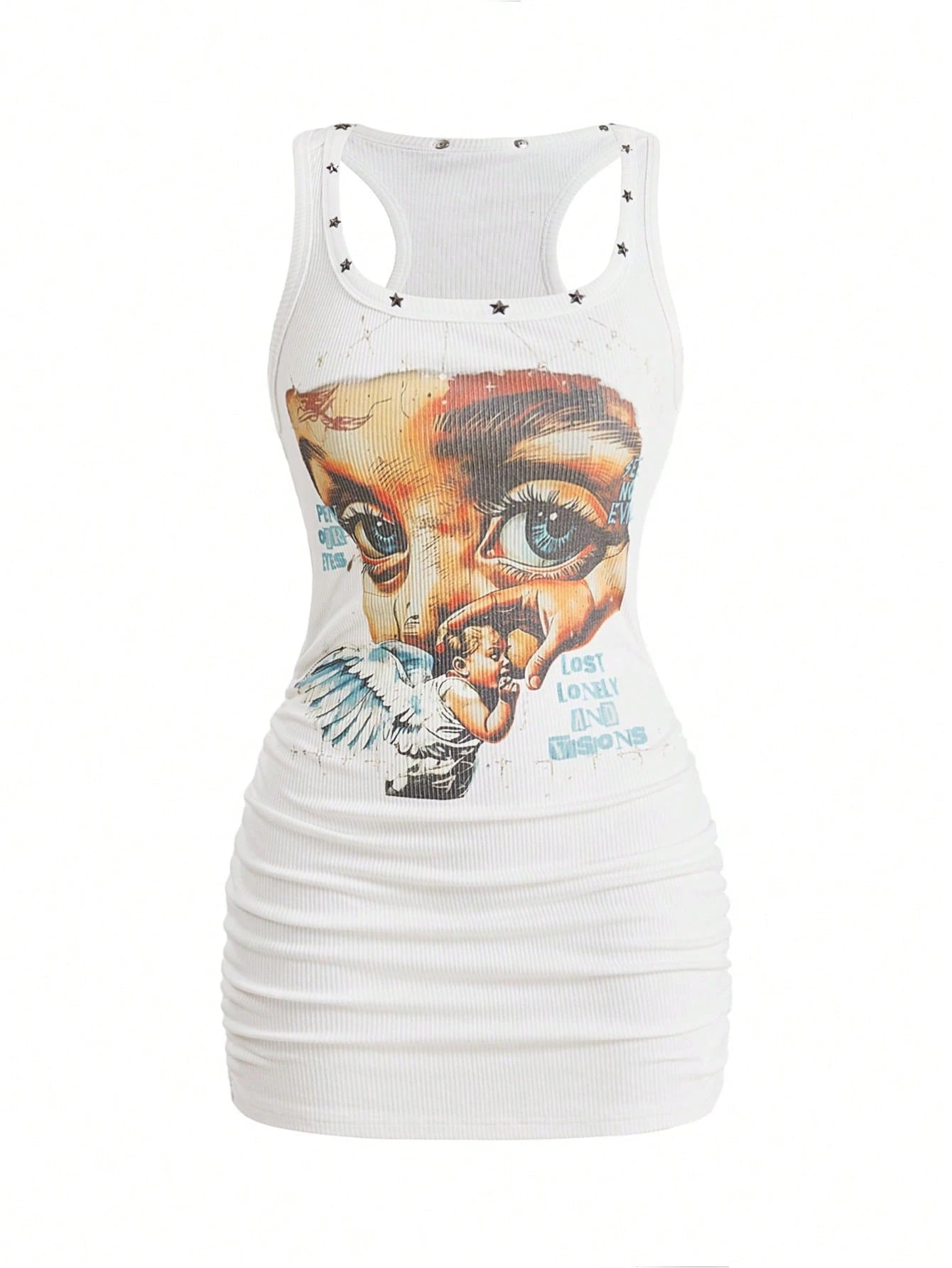 ROMWE Street Life Women's Retro Baddie Unisex Streetwear Angel Face Print Pentagram Studded Bodycon Mini Dress