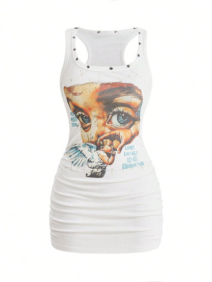 ROMWE Street Life Women's Retro Baddie Unisex Streetwear Angel Face Print Pentagram Studded Bodycon Mini Dress