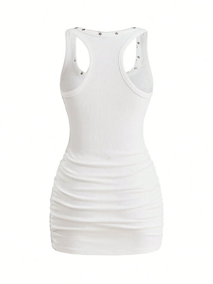 ROMWE Street Life Women's Retro Baddie Unisex Streetwear Angel Face Print Pentagram Studded Bodycon Mini Dress