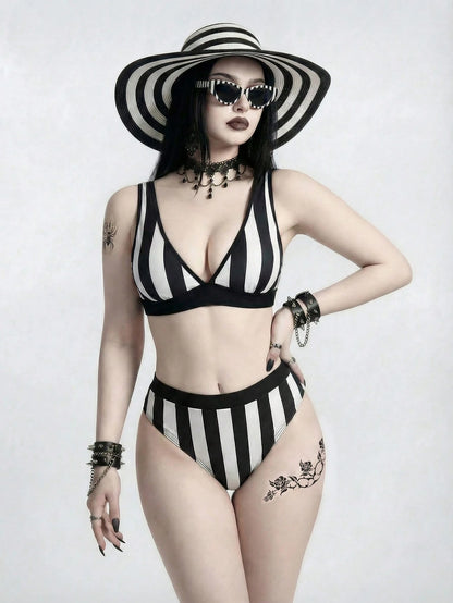 ROMWE Women's 2pcs Black And White Striped Bikini Set,Goth Gothic Punk Mysterious Padded Swimwear For Summer,Beach Party,Vacation,Music Festival & Holiday