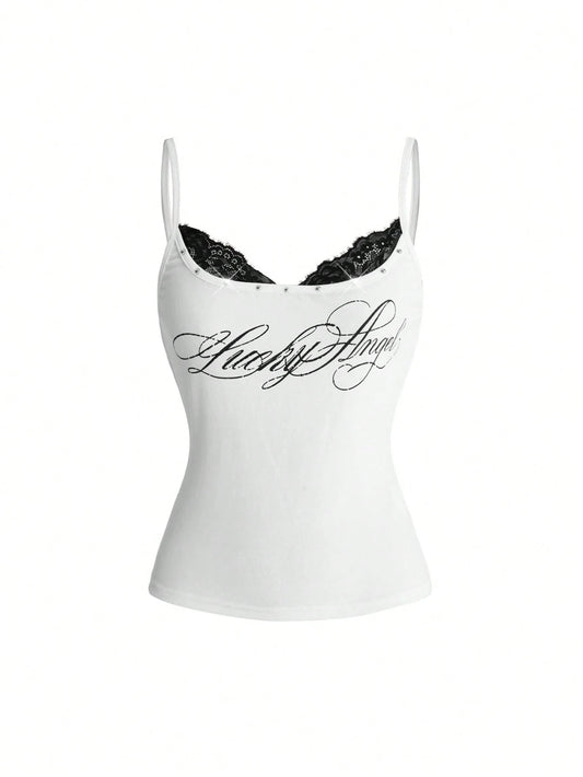 ROMWE Women's Vintage Hot Girl Y2K 2 In 1 Lace Patchwork Tank Top