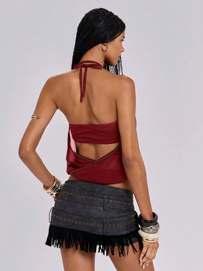 ROMWE Y2K Avant-Garde Sexy 2 In 1 Strapless Mesh Rivet Decor Cropped Top For Women