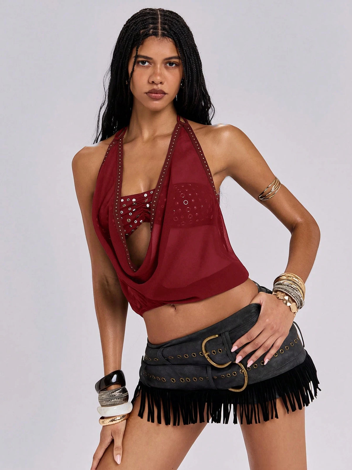 ROMWE Y2K Avant-Garde Sexy 2 In 1 Strapless Mesh Rivet Decor Cropped Top For Women