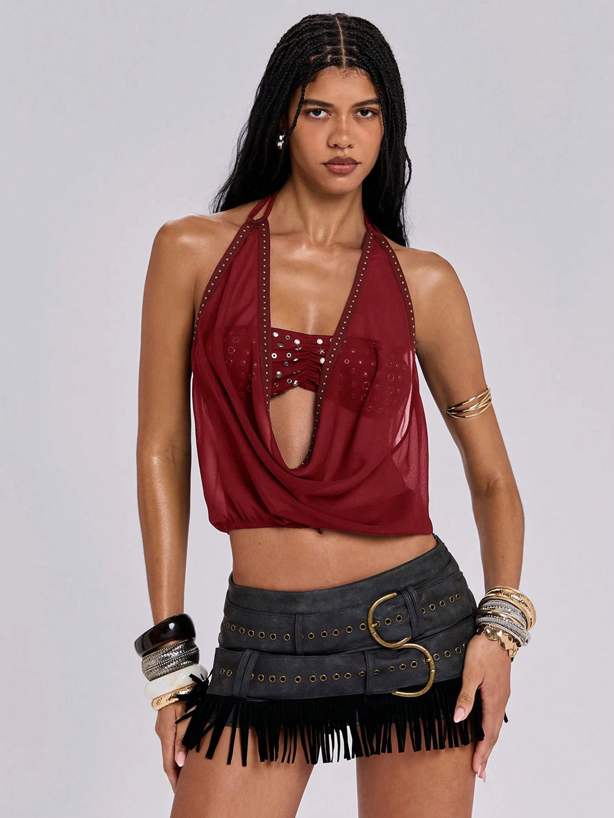ROMWE Y2K Avant-Garde Sexy 2 In 1 Strapless Mesh Rivet Decor Cropped Top For Women