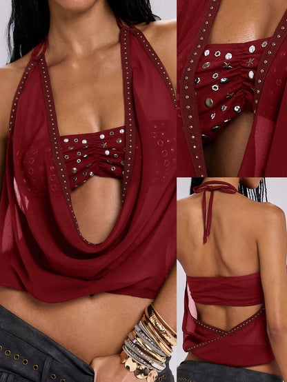 ROMWE Y2K Avant-Garde Sexy 2 In 1 Strapless Mesh Rivet Decor Cropped Top For Women