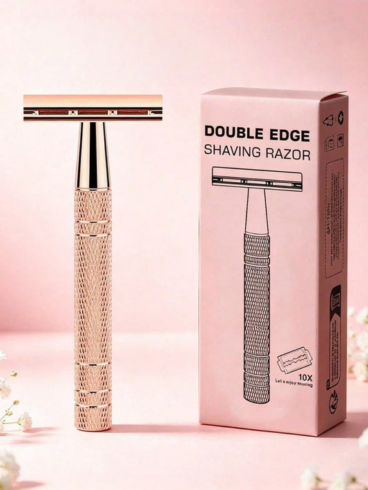 Rose Gold Double-Edge Razor, 10 Blades, Unisex, Reusable, Suitable For Home And Travel, Facial Care Tool, Women's Razor Blades, Razor, Hair Removal, Travel, Women's Razor, Women's Travel Essential, Ra