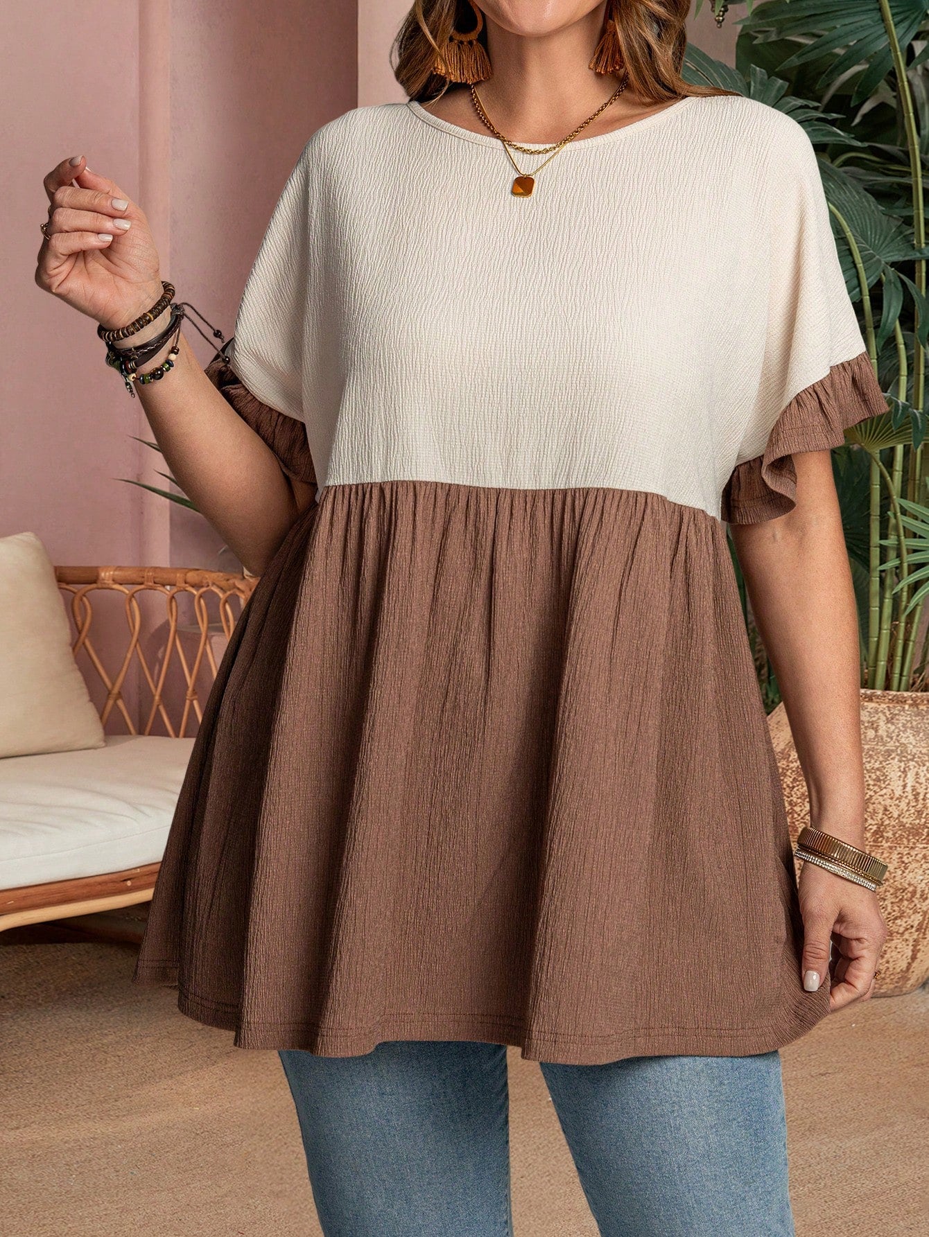 Rosumi Plus Size Patchwork Ruffle Sleeve Casual Shirt, Suitable For Daily Wear
