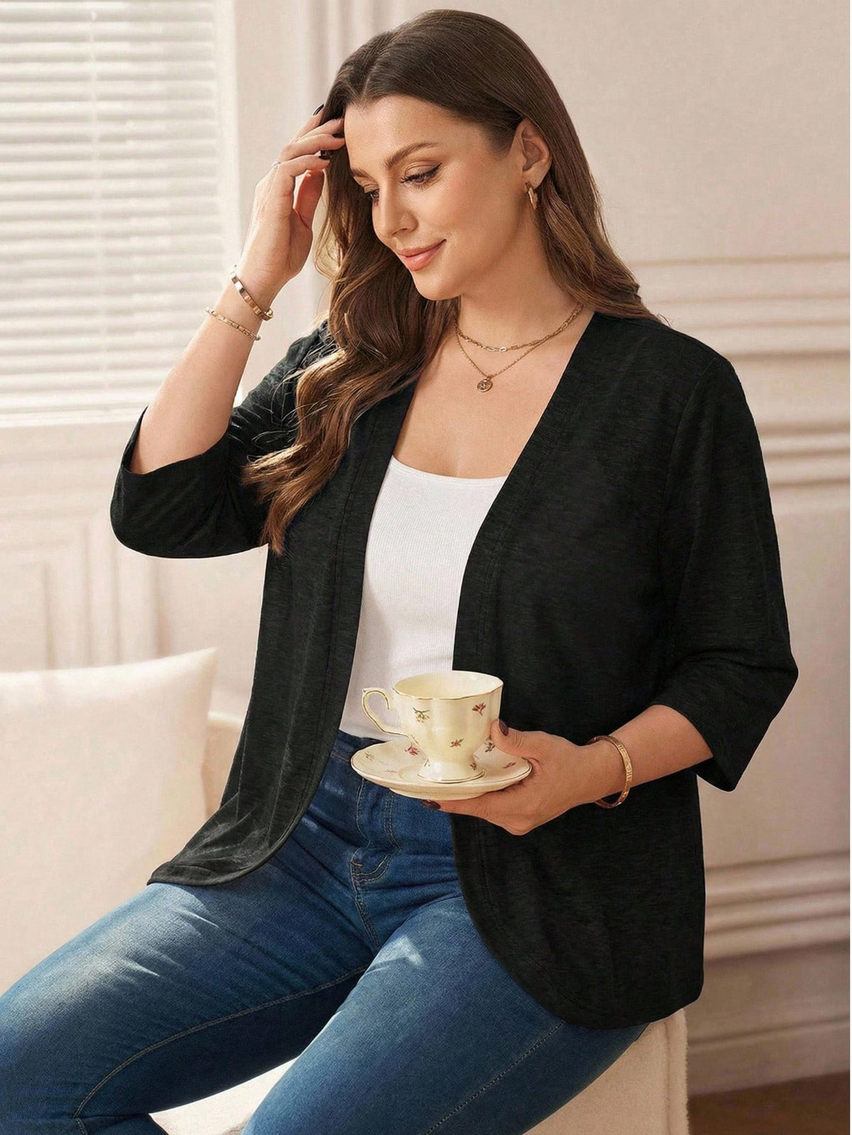 Rosumi Plus Size Vacation Outfits Woman Women Cardigans Solid Color Asymmetric Hem Casual Resort CostumeJacket Fall