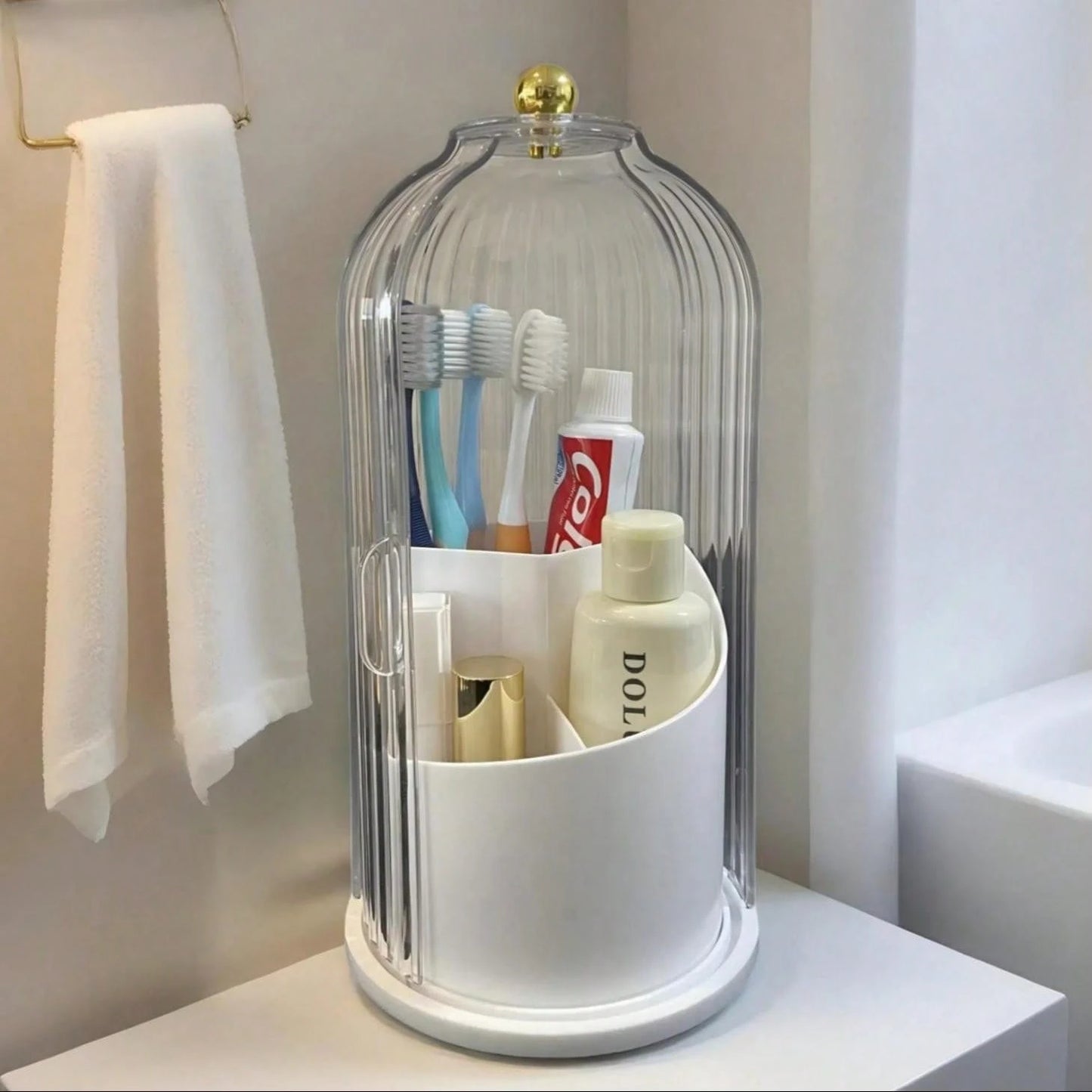 Rotating Toothbrush Holder With Sliding Cover Dustproof Toothbrush Organizer For Bathroom Countertop Vanity Sink Storage 360 Degree Spin Base Easy Access Multiple Slots Hold Electric Manual Toothbrush