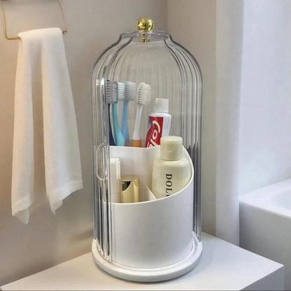 Rotating Toothbrush Holder With Sliding Cover Dustproof Toothbrush Organizer For Bathroom Countertop Vanity Sink Storage 360 Degree Spin Base Easy Access Multiple Slots Hold Electric Manual Toothbrush