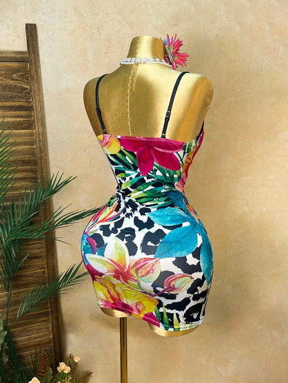 Rovax Sexy Halter-Neck Tropical Floral Print V-Neck Sundress For Women, Perfect For Vacations, Beaches, And Parties.