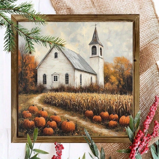 Rustic Farmhouse Wooden Frame Wall Art Sign- 8x8inch White Church With Cornfields And Golden Border, Autumn Harvest Tabletop Or Hanging Decoration, Suitable For Country Home Decor, Thanksgiving And C