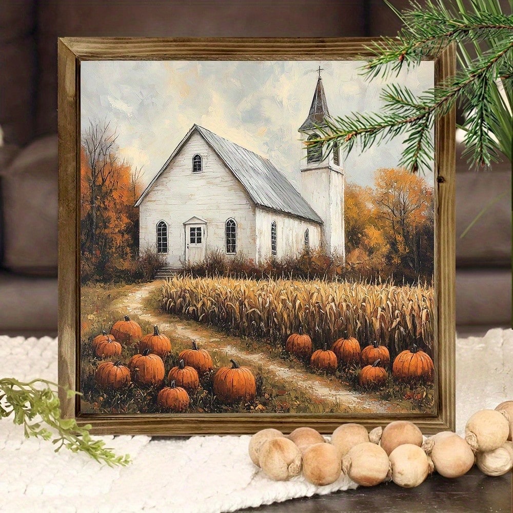 Rustic Farmhouse Wooden Frame Wall Art Sign- 8x8inch White Church With Cornfields And Golden Border, Autumn Harvest Tabletop Or Hanging Decoration, Suitable For Country Home Decor, Thanksgiving And C