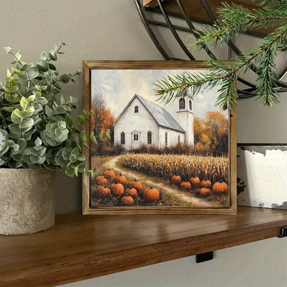 Rustic Farmhouse Wooden Frame Wall Art Sign- 8x8inch White Church With Cornfields And Golden Border, Autumn Harvest Tabletop Or Hanging Decoration, Suitable For Country Home Decor, Thanksgiving And C