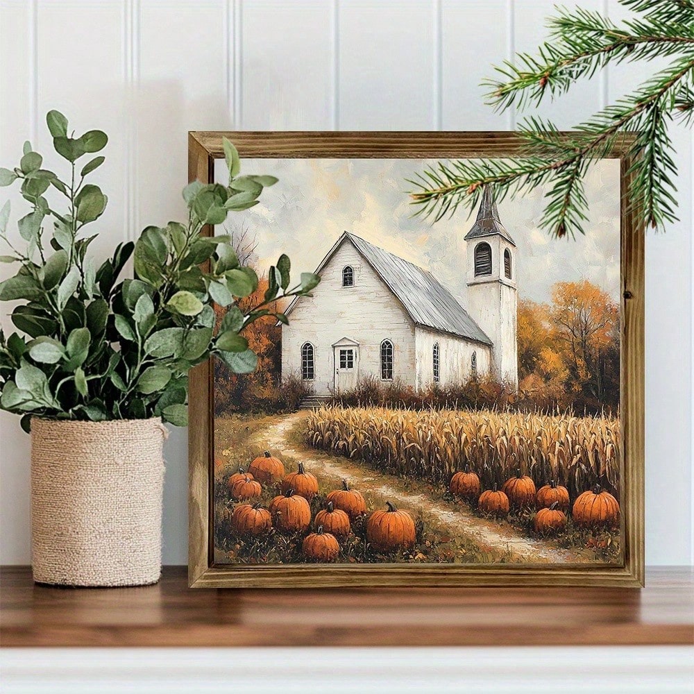 Rustic Farmhouse Wooden Frame Wall Art Sign- 8x8inch White Church With Cornfields And Golden Border, Autumn Harvest Tabletop Or Hanging Decoration, Suitable For Country Home Decor, Thanksgiving And C