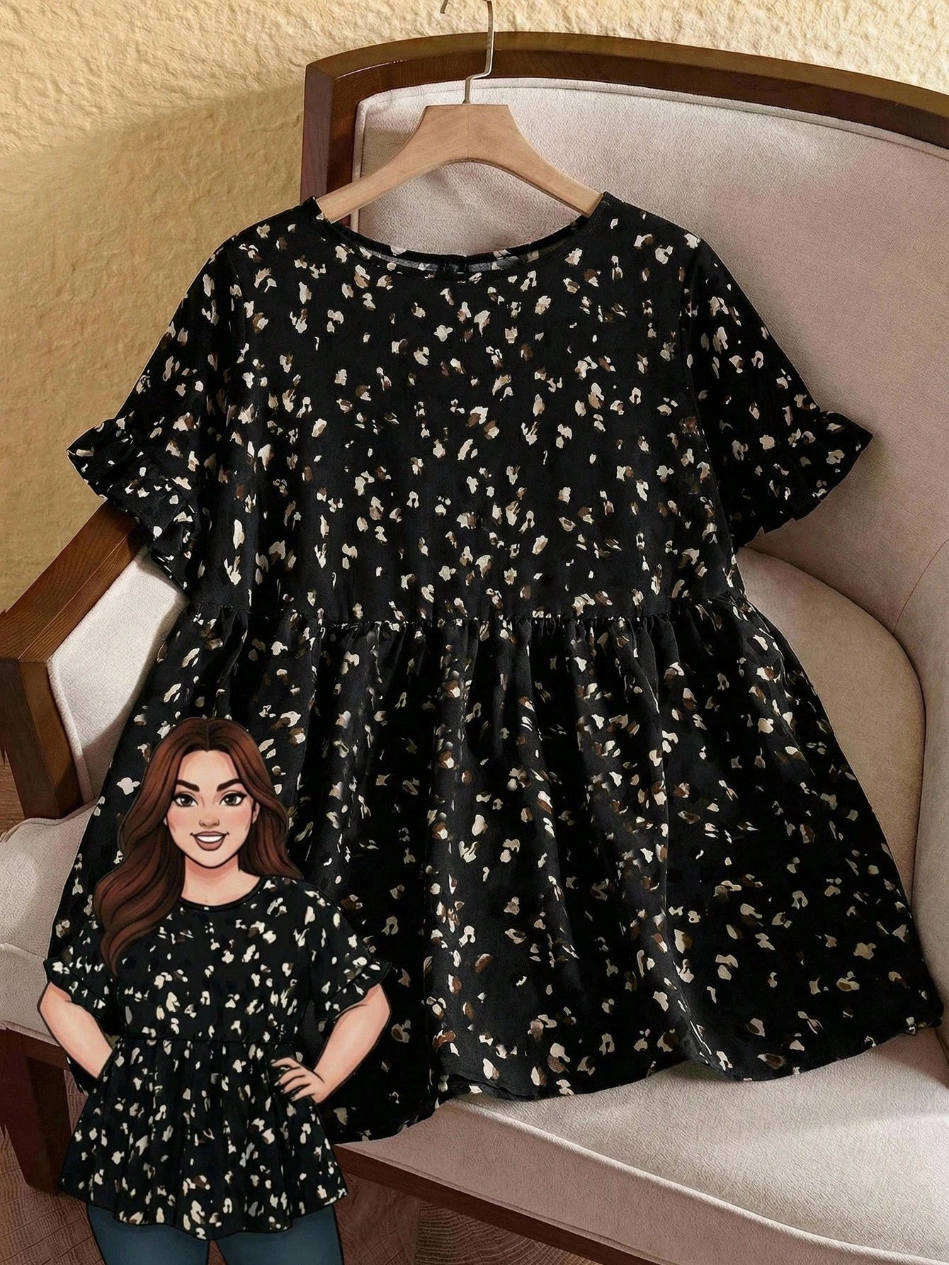 Rusticease Plus Size Casual Resort Style Ruffled Sleeve Allover Print Blouse,Tropical Vacation, Summer Tops