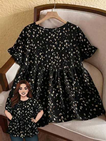 Rusticease Plus Size Casual Resort Style Ruffled Sleeve Allover Print Blouse,Tropical Vacation, Summer Tops