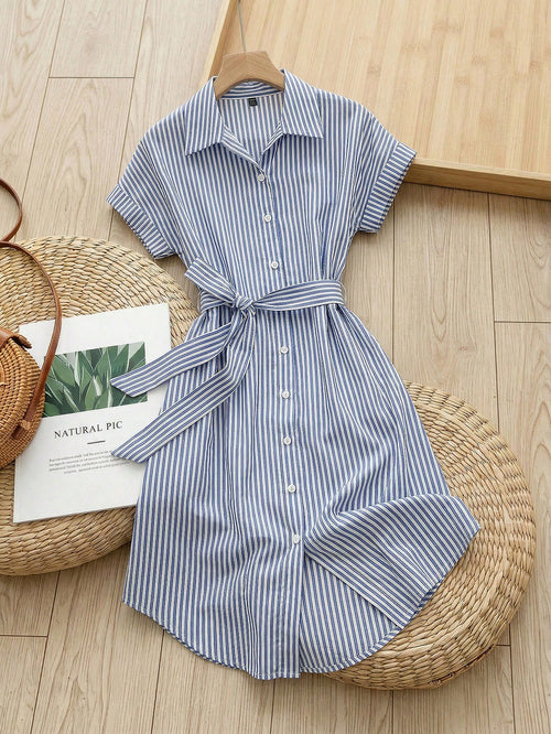 Rusticease Women's Blue And White Stripe Summer Casual Midi Dress,Short Sleeve Front Button Tie Waist Work Preppy Picnic Brunch Button Down Stripe Dress