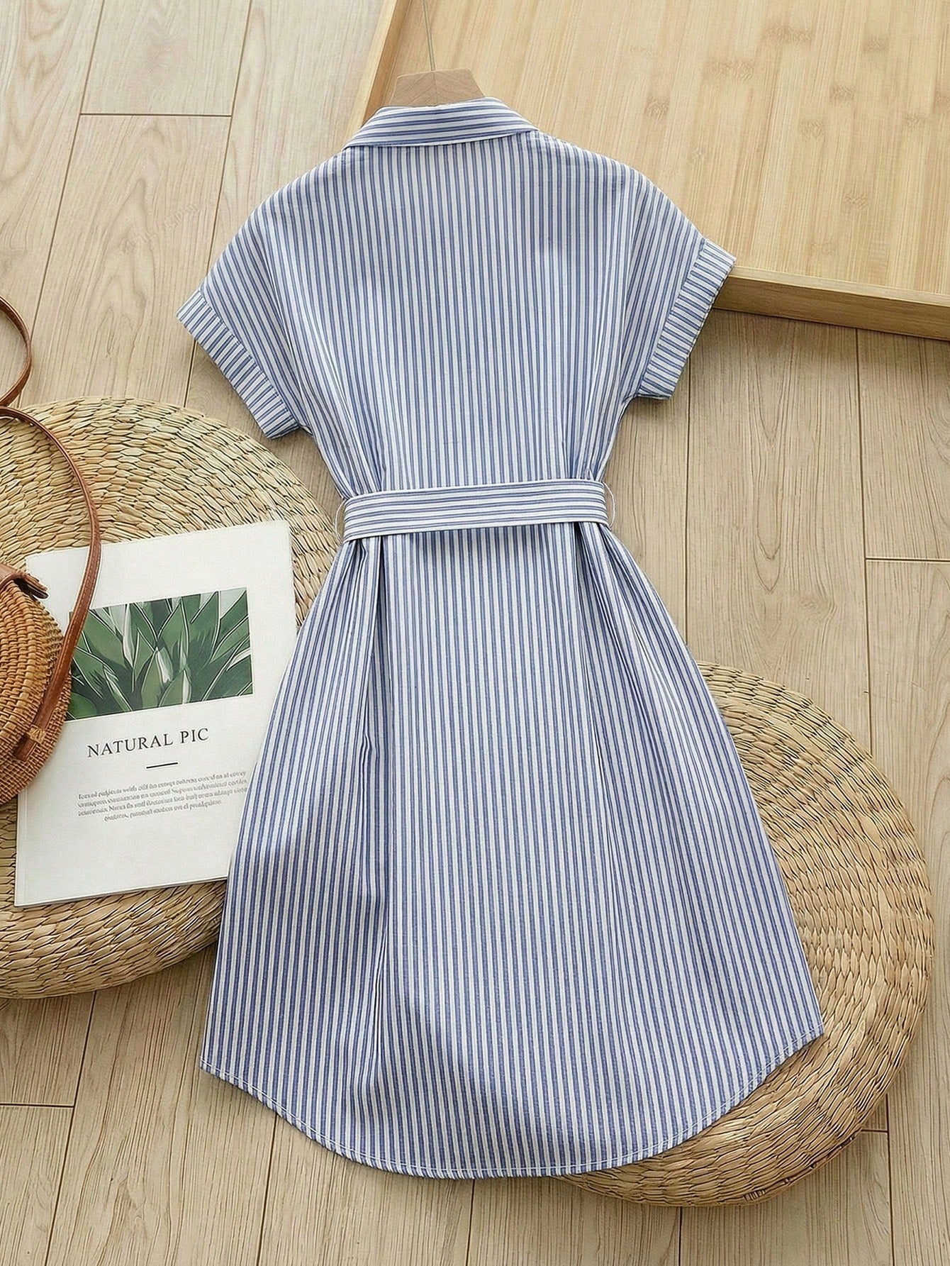 Rusticease Women's Blue And White Stripe Summer Casual Midi Dress,Short Sleeve Front Button Tie Waist Work Preppy Picnic Brunch Button Down Stripe Dress