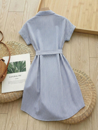 Rusticease Women's Blue And White Stripe Summer Casual Midi Dress,Short Sleeve Front Button Tie Waist Work Preppy Picnic Brunch Button Down Stripe Dress