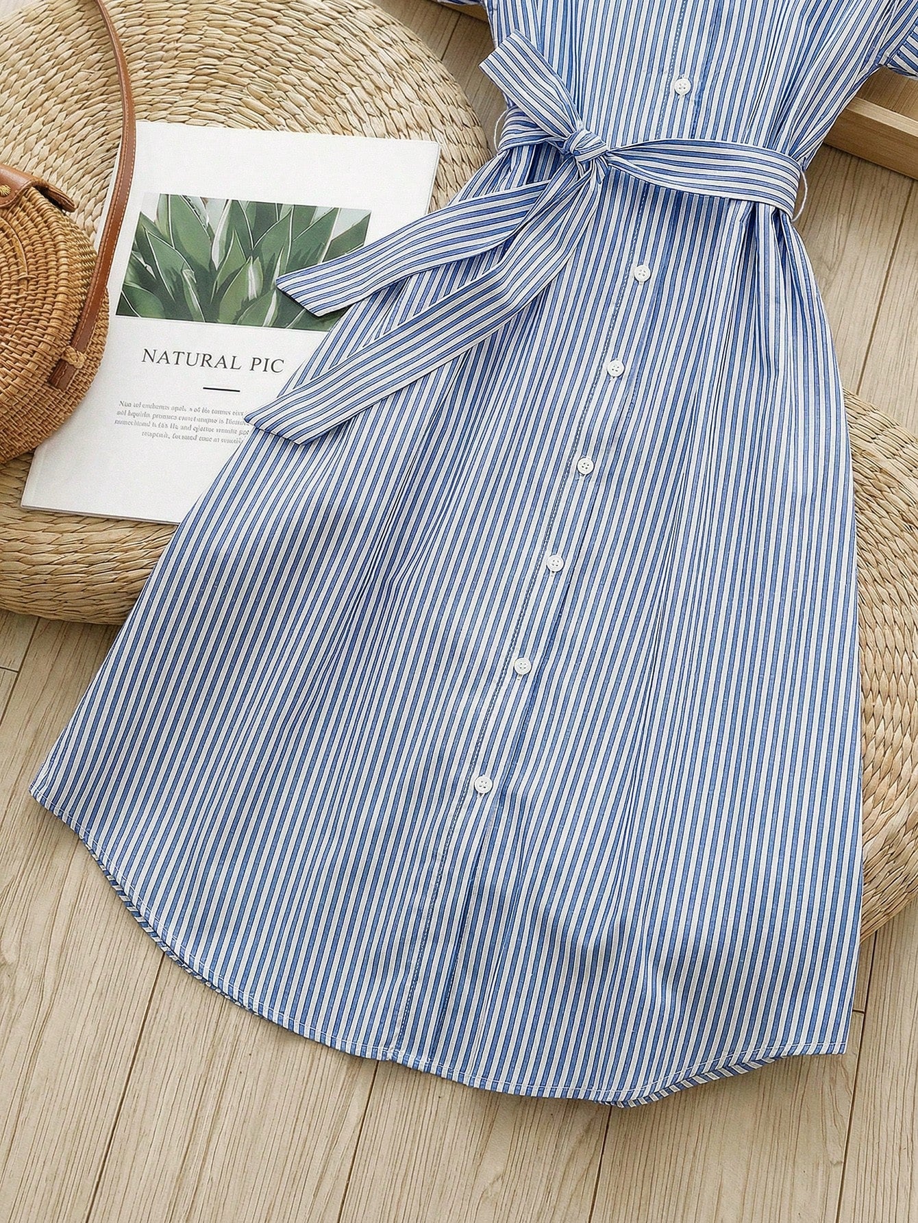 Rusticease Women's Blue And White Stripe Summer Casual Midi Dress,Short Sleeve Front Button Tie Waist Work Preppy Picnic Brunch Button Down Stripe Dress