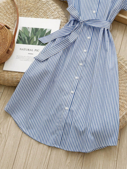 Rusticease Women's Blue And White Stripe Summer Casual Midi Dress,Short Sleeve Front Button Tie Waist Work Preppy Picnic Brunch Button Down Stripe Dress