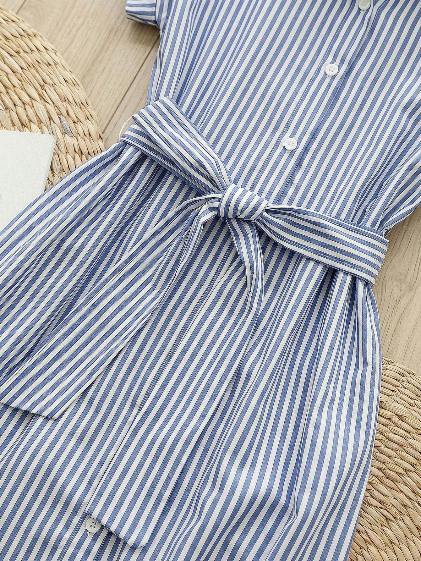 Rusticease Women's Blue And White Stripe Summer Casual Midi Dress,Short Sleeve Front Button Tie Waist Work Preppy Picnic Brunch Button Down Stripe Dress