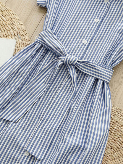 Rusticease Women's Blue And White Stripe Summer Casual Midi Dress,Short Sleeve Front Button Tie Waist Work Preppy Picnic Brunch Button Down Stripe Dress