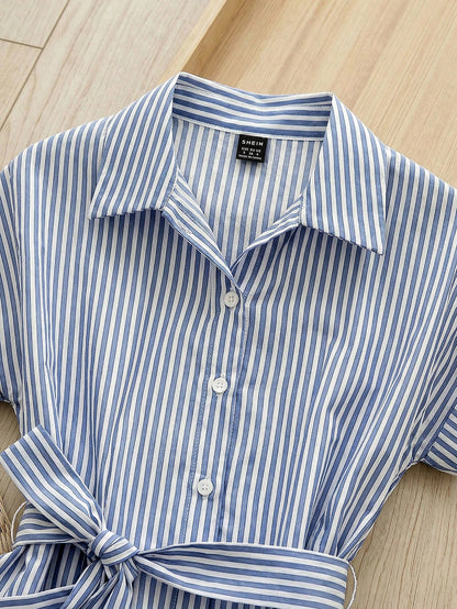 Rusticease Women's Blue And White Stripe Summer Casual Midi Dress,Short Sleeve Front Button Tie Waist Work Preppy Picnic Brunch Button Down Stripe Dress