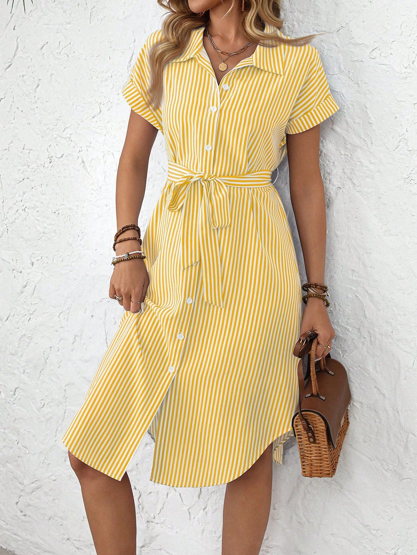 Rusticease Women's Blue And White Stripe Summer Casual Midi Dress,Short Sleeve Front Button Tie Waist Work Preppy Picnic Brunch Button Down Stripe Dress