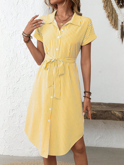 Rusticease Women's Blue And White Stripe Summer Casual Midi Dress,Short Sleeve Front Button Tie Waist Work Preppy Picnic Brunch Button Down Stripe Dress